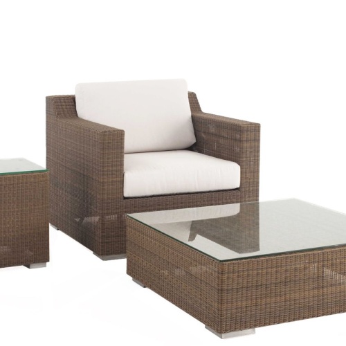 70253 Malaga 3 piece Wicker Lounge Set closeup view of Armchair with seat cushions and coffee table with glass top on white background