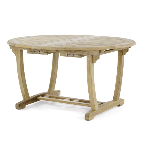 70266 Martinique Sussex teak extension table with double butterfly leaf extensions in closed position side angled view on white background