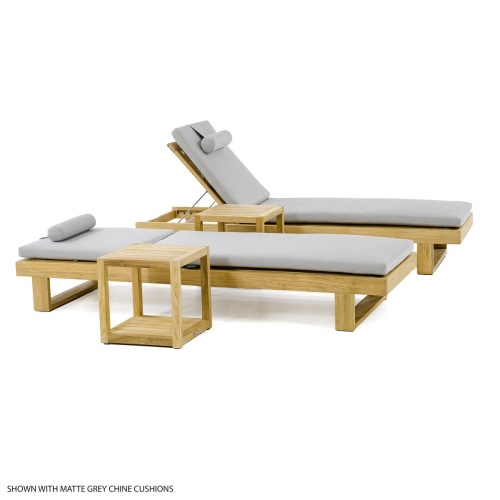70308 Horizon teak double chaise set with cushions and two teak side tables angled view showing one backrest reclined and the other upright on white background