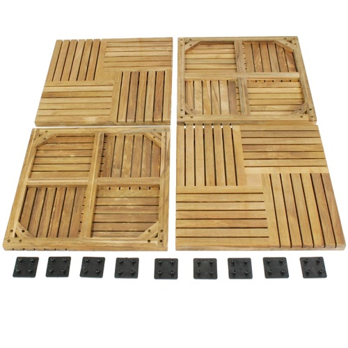 70405 Parquet 5 pack Teak 18 inch Deck Tiles showing one carton of four tiles with top and bottom views and nine connectors lined across bottom of display