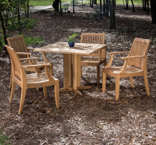 70417 Laguna Pyramid teak 5 piece Dining Set with potted plant in table center showing side angled view on brown mulch with trees in background