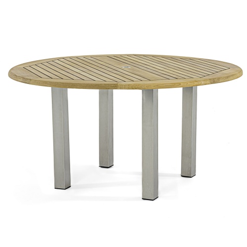 70442 Vogue teak and stainless steel 60 inch diameter round table angled view on white background