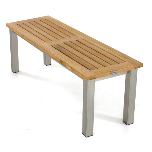 70445 Vogue teak and stainless steel 4 foot backless bench angled end view on white background