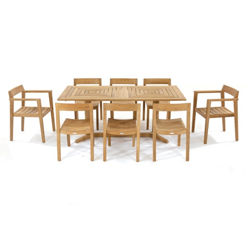 70462 Pyramid Horizon 9 pc Teak Dining Set of a Pyramid Rectangular Table and 2 Horizon Dining Chairs and 6 Horizon Side Chairs in angled side view on white background