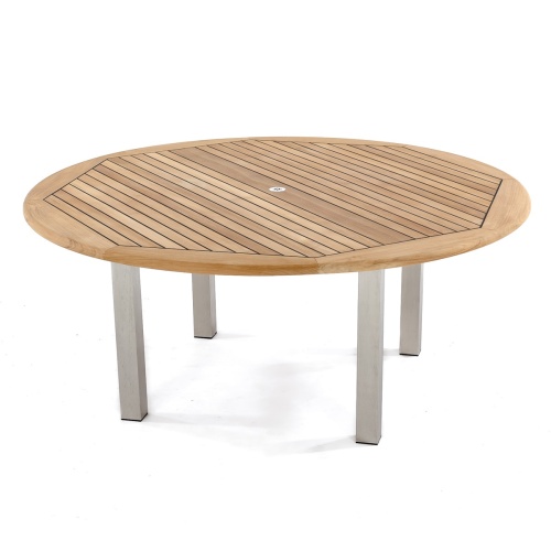 70487 Horizon Vogue teak and stainless steel 6 foot diameter round table angled on white background