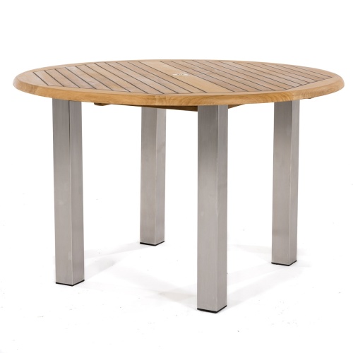 25013 Vogue Teak and Stainless Steel 4 foot Round Dining Table angled side view on white background