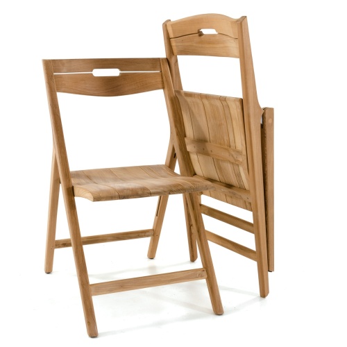 70652 Surf teak folding Side Chair showing 2 chairs with one folded leaning against and opened chair in side angled view on white background