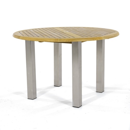 25013 Vogue 4 ft Round Teak and Stainless Steel Dining Table in side angled view on white background