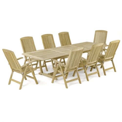 70796 Teak 9 piece Reclining Dining Set of 8 Barbuda reclining teak dining chairs and Grand Veranda teak extendable rectangular dining table angled end view on a white background