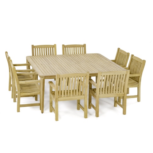 70878 Veranda 9 piece Square teak Dining Set of 8 teak armchairs and 6 foot square teak dining table angled on white background