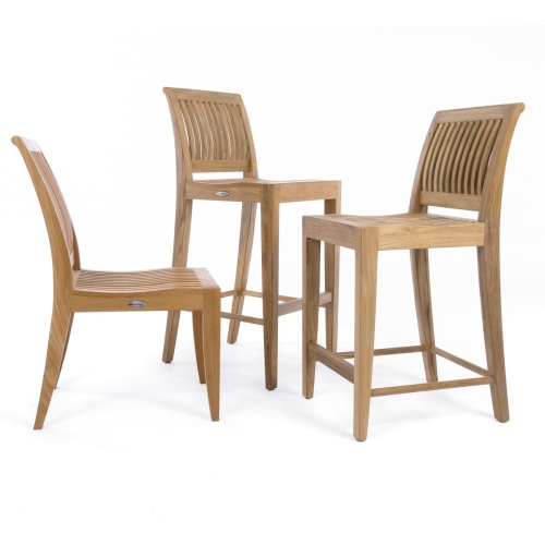 11910 three Laguna Side Teak Barstools showing a dining a counter and a bar height on white background