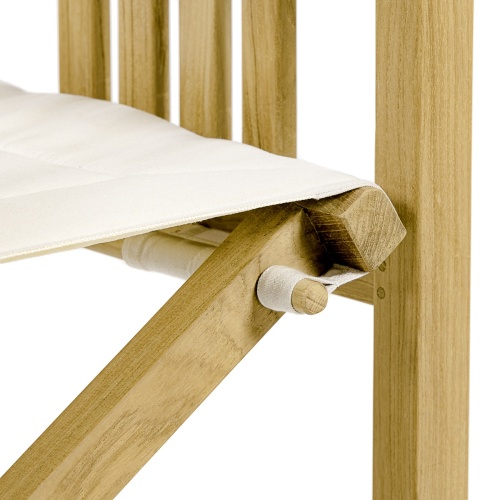 12568f Barbuda teak Directors Chair closeup of right side fabric peg on white background