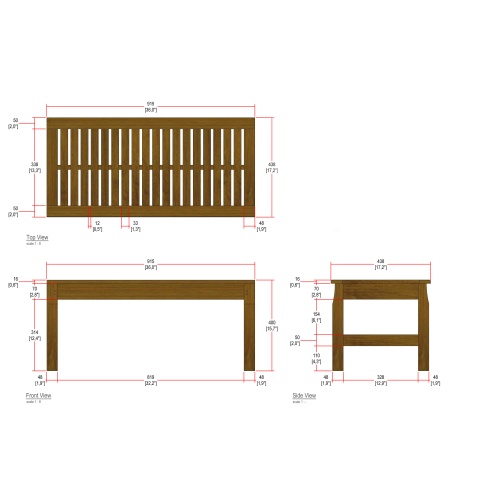 13067 Ocean teak 3 foot long backless Bench autocad on white background