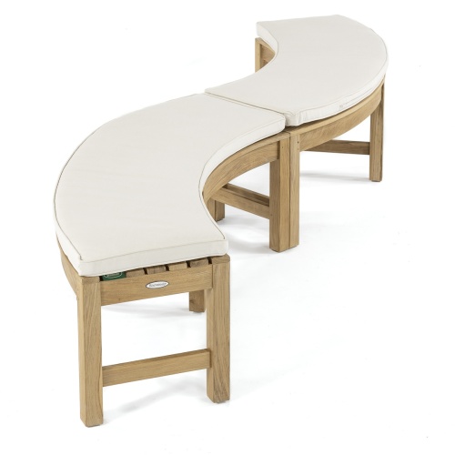  13937 Buckingham teak backless curved bench showing 2 curved benches in S shape angled end view with optional canvas color cushions on white background