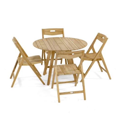 70519 Surf Round Teak Dining Table Set of a 42 inch Round Teak Dining Table and 4 Surf folding chairs folded flat leaning against table side view on white background