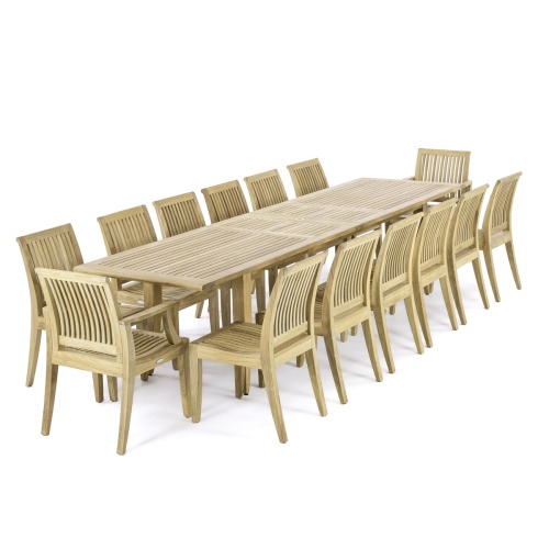 15978 laguna extension table thirteen piece teak dining set angled on white background