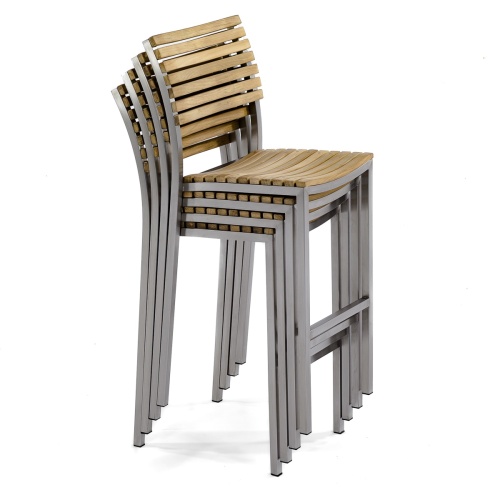 70076 Vogue teak and stainless steel barstool stacked 4 high side angled on white background