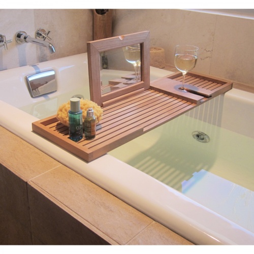 70089 Pacifica Spa Set teak bathtub tray showing mirror open bath sponge toiletries glass of wine sitting on bathtub