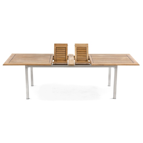 70176 Vogue stainless steel and teak rectangular dining table showing leaf extensions on white background
