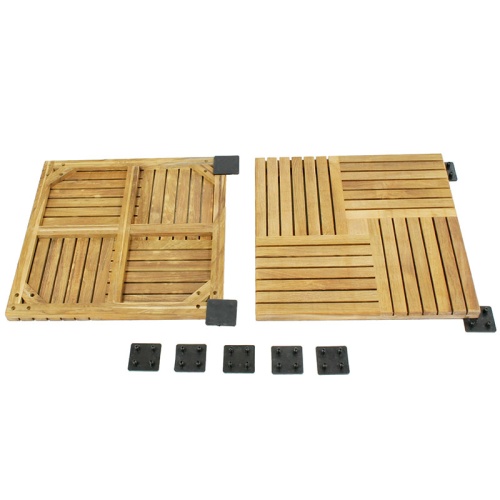 70408 Parquet 50 pack Teak 18 inch Square Deck Tiles showing top and bottom views with connectors attached in corners with five connectors lined across bottom on white background