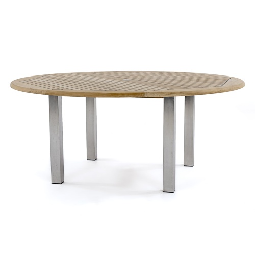 70444 Vogue teak and stainless steel 72 inch diameter round table side angled on white background