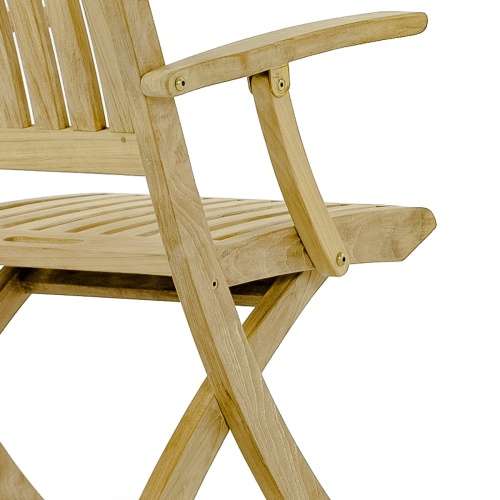 70569 Barbuda teak folding dining armchair closeup view of back and side on white background
