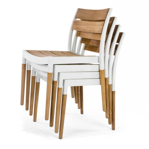 70615 Bloom teak and powder coated aluminum side chair stacked 4 high side angled on white background