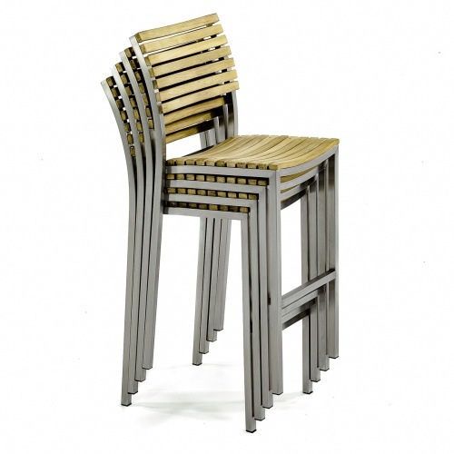 70714 Horizon Vogue teak and stainless steel bar stool stacked 4 high side view on a white background