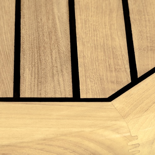 25013 Vogue 4 ft Round Teak and Stainless Steel Dining Table showing closeup of sikaflex marine finish on teak table slats