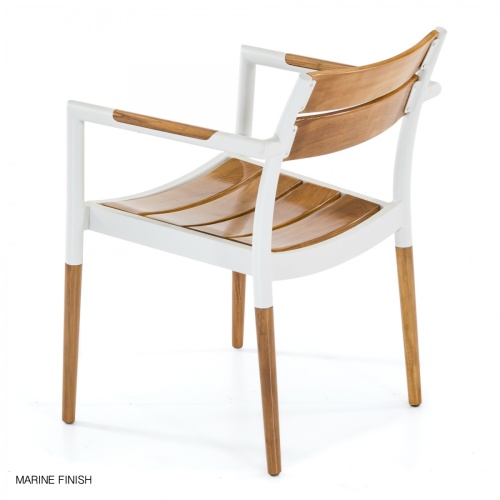 70748 Bloom teak and white powder coated aluminum dining armchair angled rear view on white background