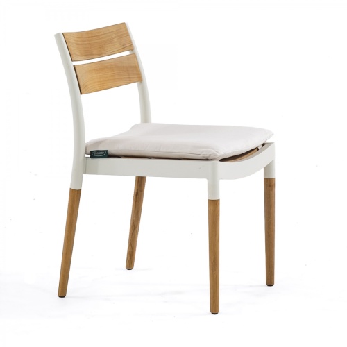70751 Bloom teak and white powder coated aluminum Stacking Dining Side Chair with optional cushion side view on white background