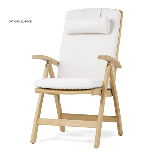 12569S Barbuda teak Reclining Armchair with optional back and seat cushion in angled front view on white background 