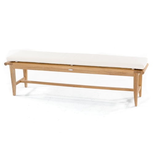 13917 Laguna 6 foot teak Backless Bench angled view with optional canvas color cushion on seat on white background