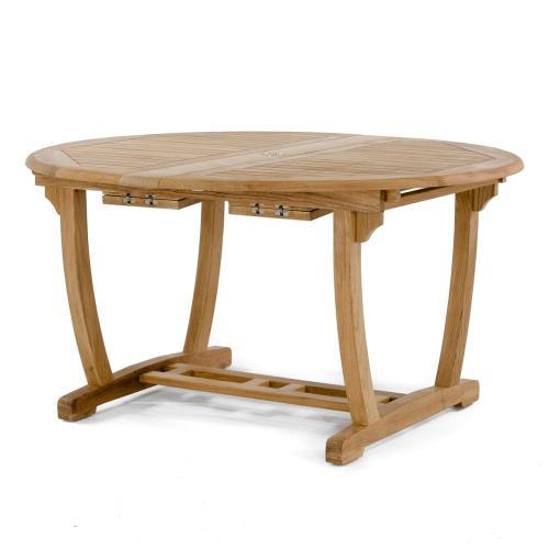 15548 Martinique Teak Extension Table angled view with optional open round umbrella in table showing white canvas top on white background
