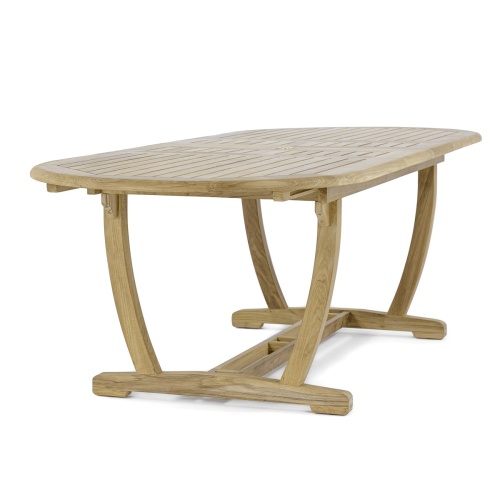70002 Montserrat teak oval expandable dining table angled end view on white background