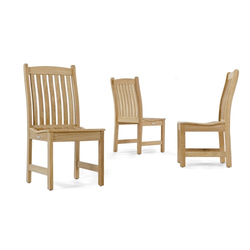 70020 Buckingham Veranda teak side chair showing 3 chairs in front view side view and back view on white background