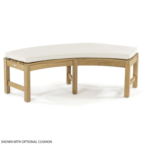 70090 Buckingham teak curved backless bench angled view with optional canvas color cushion on white background