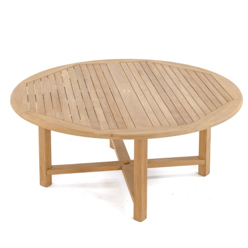 large contemporary teak round table with umbrella hole