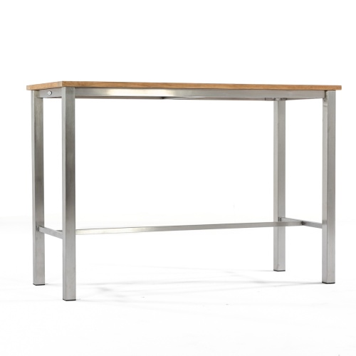 70167 Vogue stainless steel and teak 5 foot long bar table angled view on white background