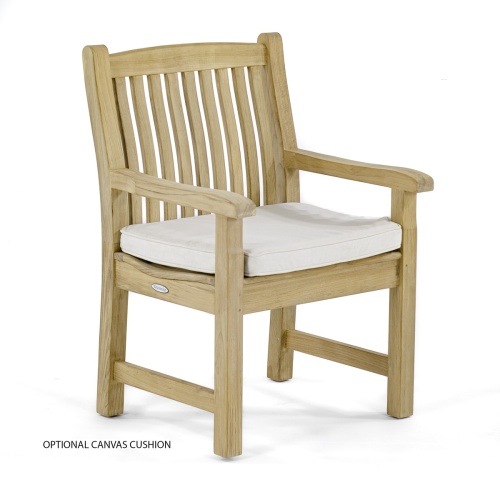 12218 Veranda teak dining chair with optional canvas colored seat cushions angled right side view on white background
