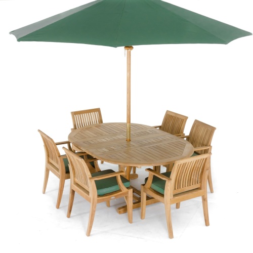 70306 Martinique 7 piece teak dining set angled view with optional opened market forest green color umbrella in table on white background