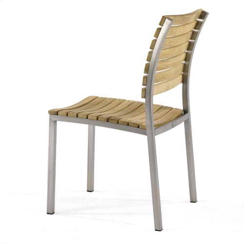 21007 Vogue teak and stainless steel side chair rear angled view on white background