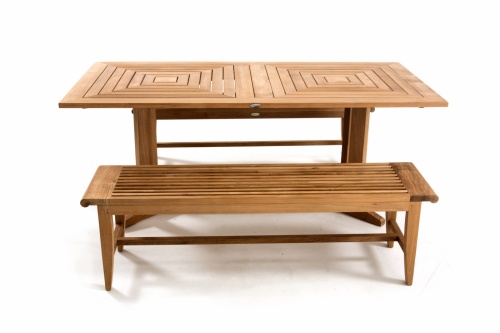 70467 Pyramid Rectangular Teak Dining Table and Backless Picnic Bench in front of table on white background