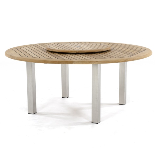 25015 Vogue 6 foot diameter round dining table side angled view showing optional Lazy Susan on table on white background