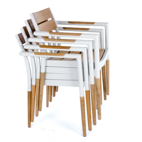 70587 Bloom teak and powder coated aluminum dining chairs side view stacked 4 high on white background