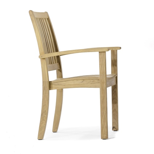 70685 Sussex Pyramid teak dining armchair stacked 4 high left side angled on white background