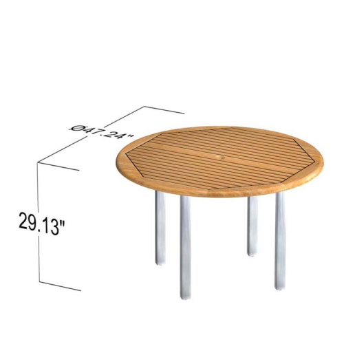 25013 Vogue 4 ft Round Teak and Stainless Steel Dining Table angled autocad on white background