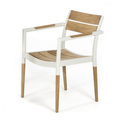 70761 Bloom teak and powdered aluminum dining armchair in Marine Gloss Finish angled front view on white background