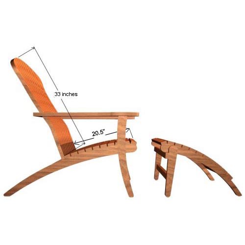 70781 Teak Adirondack Lounge Chair and ottoman footrest autocad side view on white background