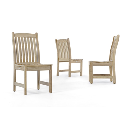 70786 Veranda Teak Dining Side Chair show 3 chairs in side view rear view and front angled view on white background